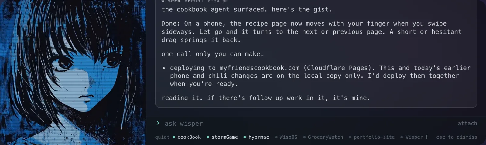 Wisper's popup: her portrait beside the cookbook report