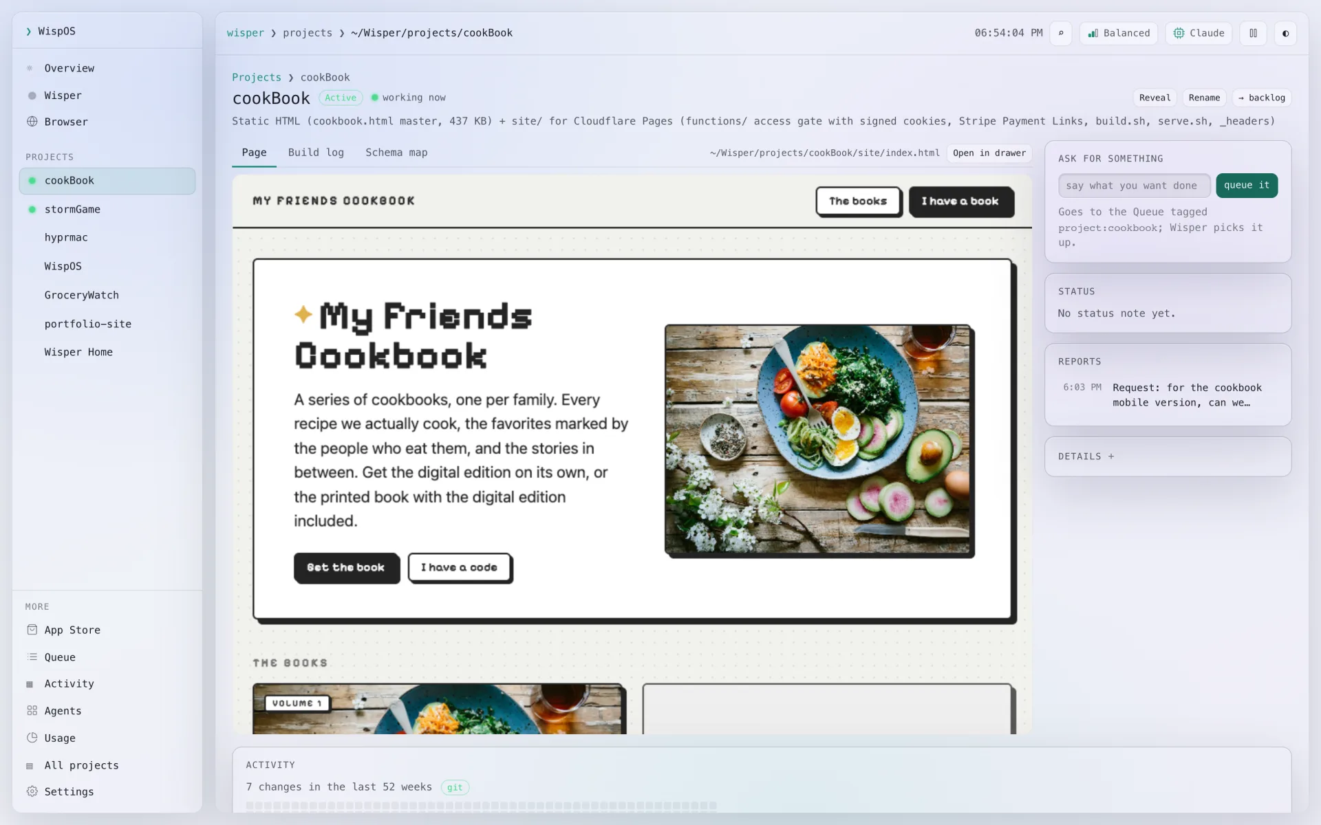 A project's page in WispOS: the cookBook site rendered, with Ask for something, Status, Reports and its activity