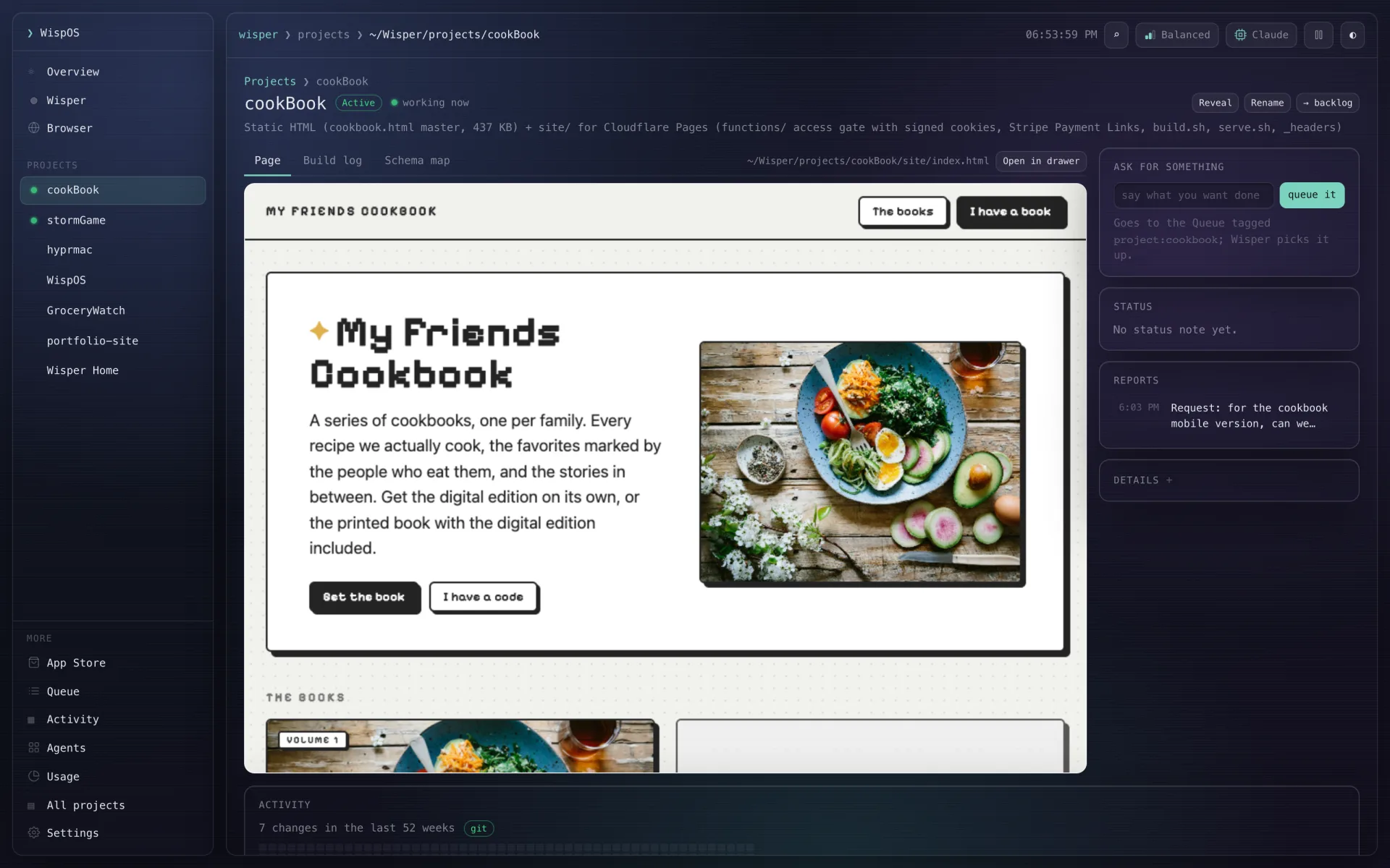 A project's page in WispOS: the cookBook site rendered, with Ask for something, Status, Reports and its activity