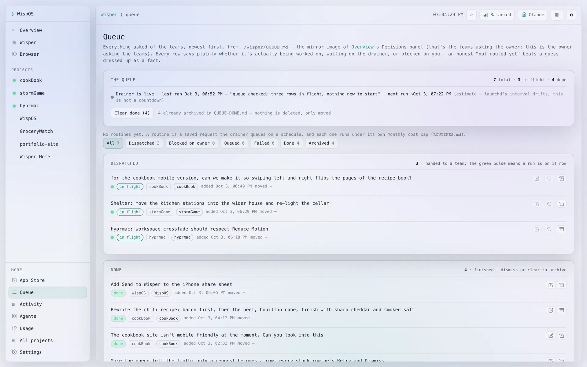 WispOS Queue page with requests in flight and done