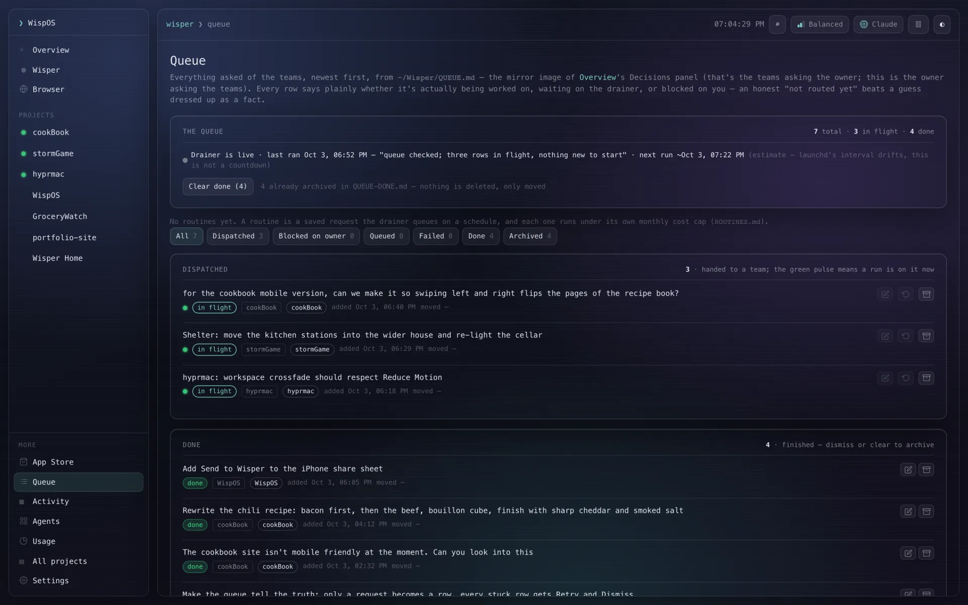 WispOS Queue page with requests in flight and done