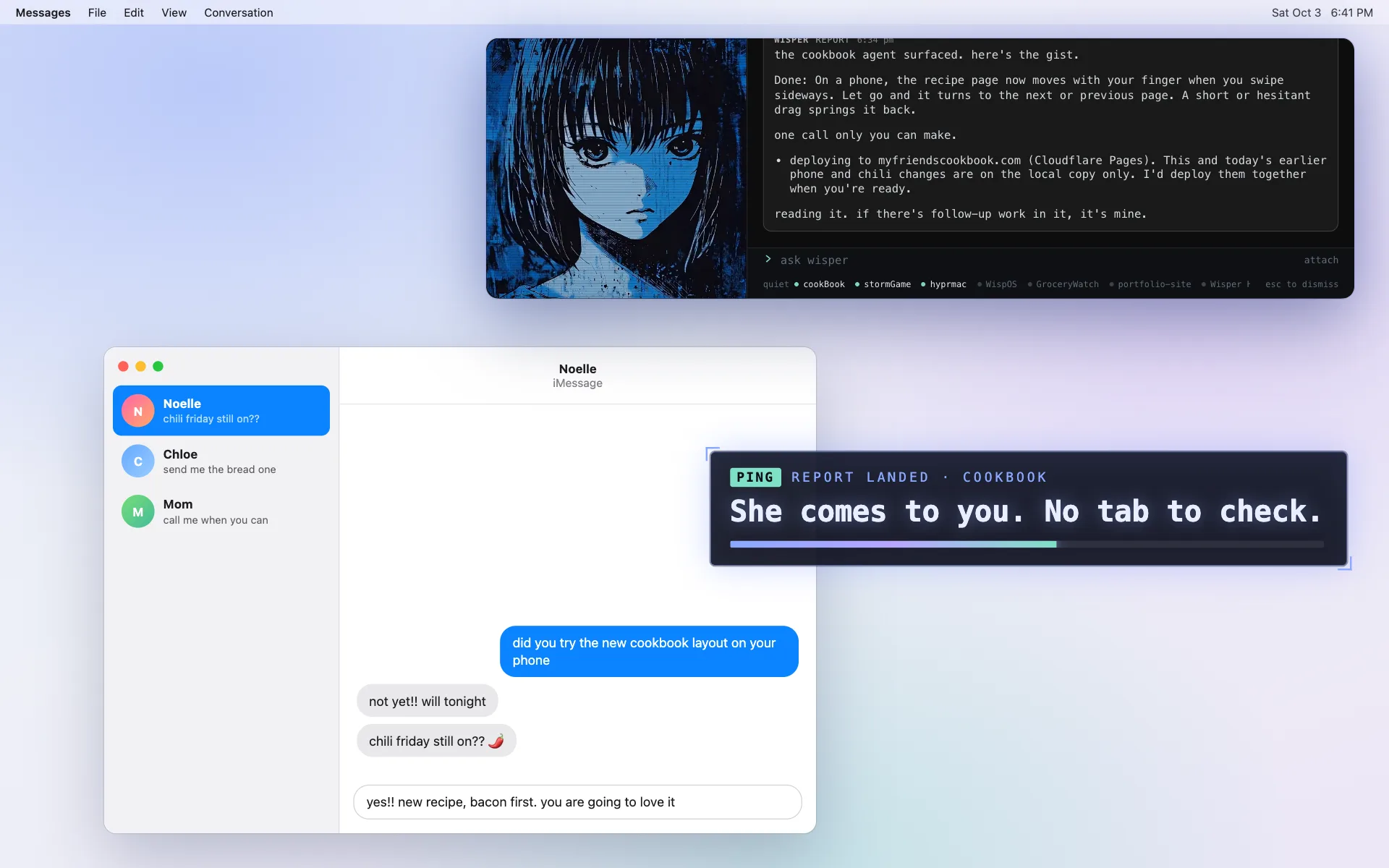 A Messages conversation with Wisper's popup over it announcing the cookbook agent's report