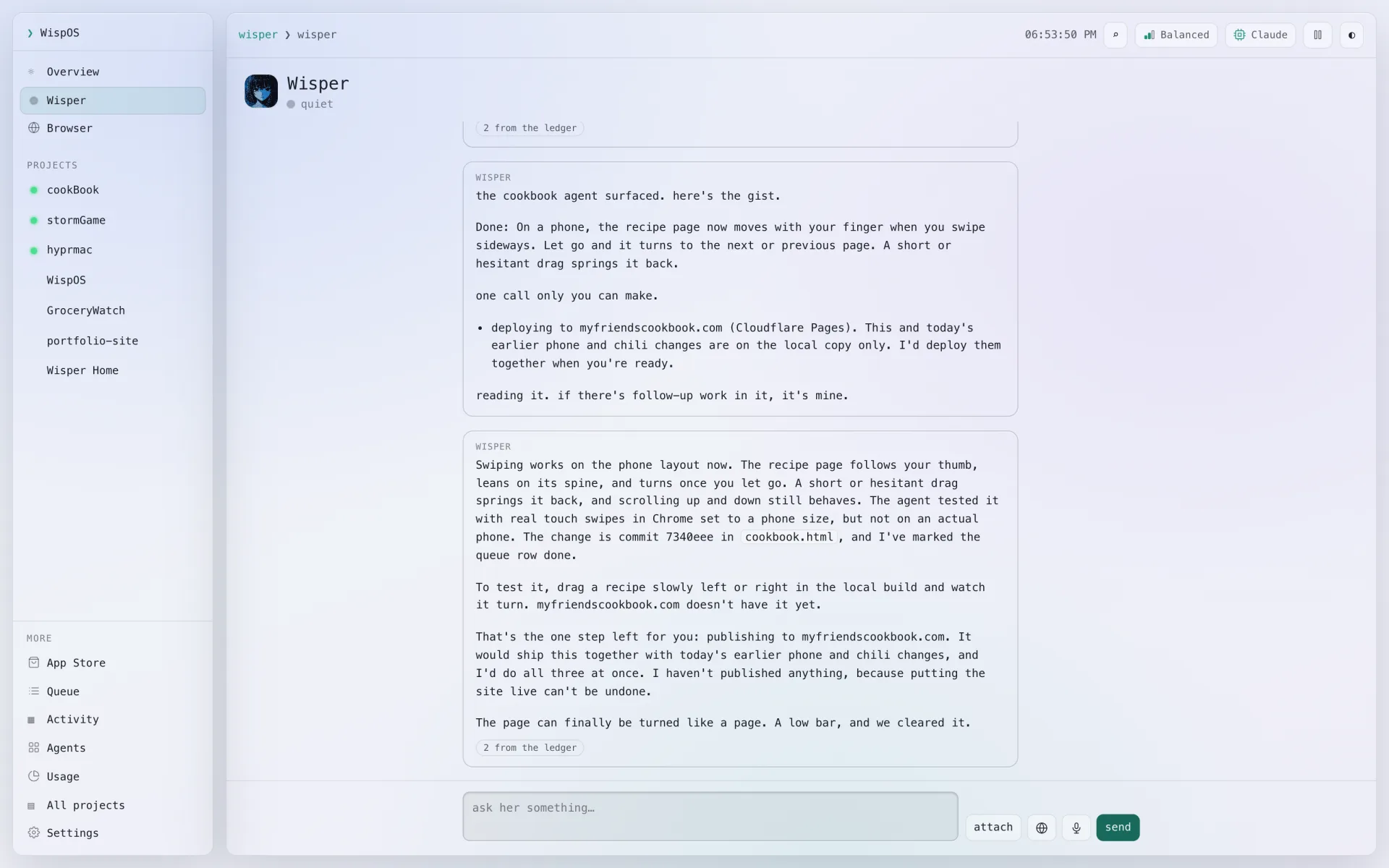 Wisper's page in WispOS: a conversation where she sends a cookbook request to its team and reports back